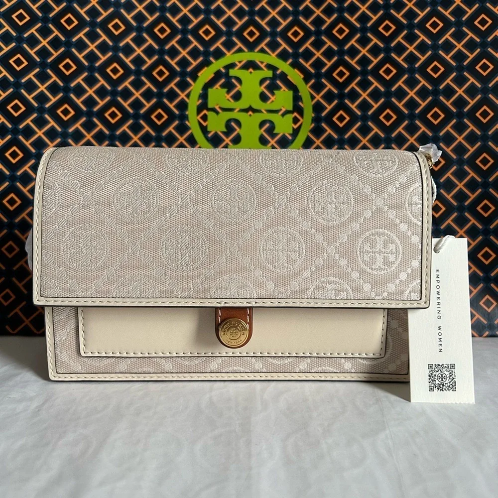 Tory Burch T Monogram Chain Wallet Crossbody Bag Ivory Gold Tan Cream Neutral